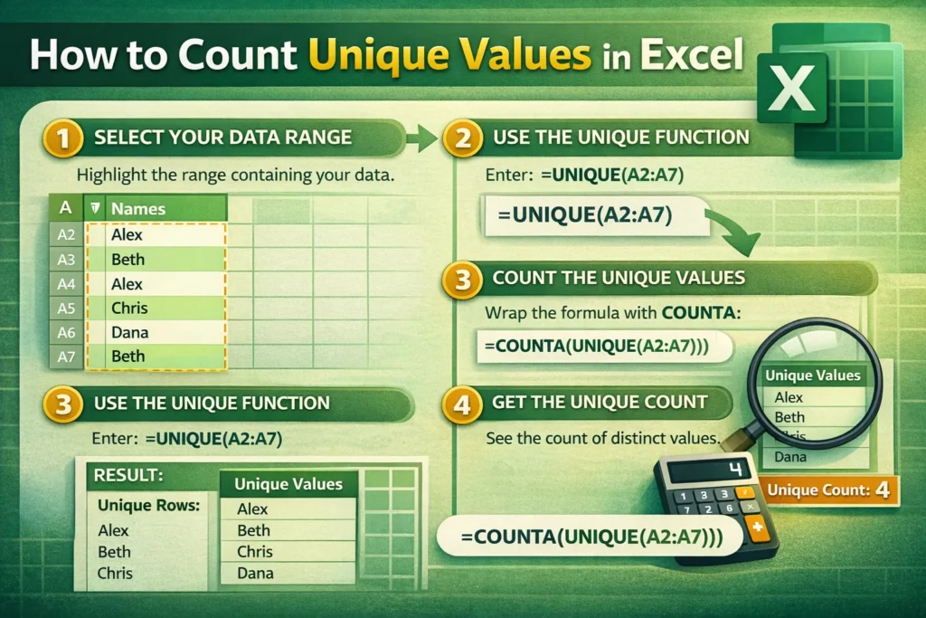 infographic showing to use alternatives to countunique in excel