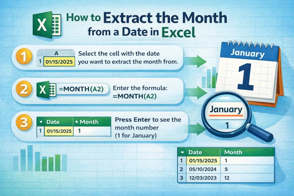 infographic showing how to extract month from a date in excel