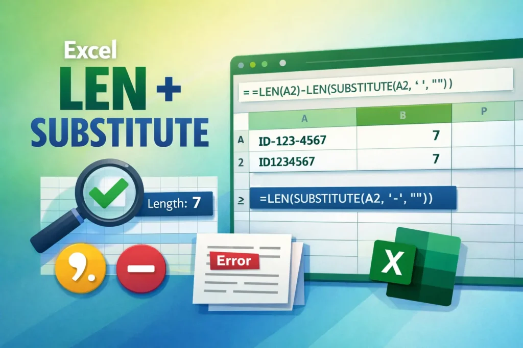 combination of len and substitute in excel