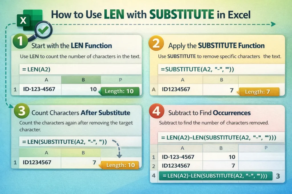 infographic showing how to use combination of len and substitute in excel