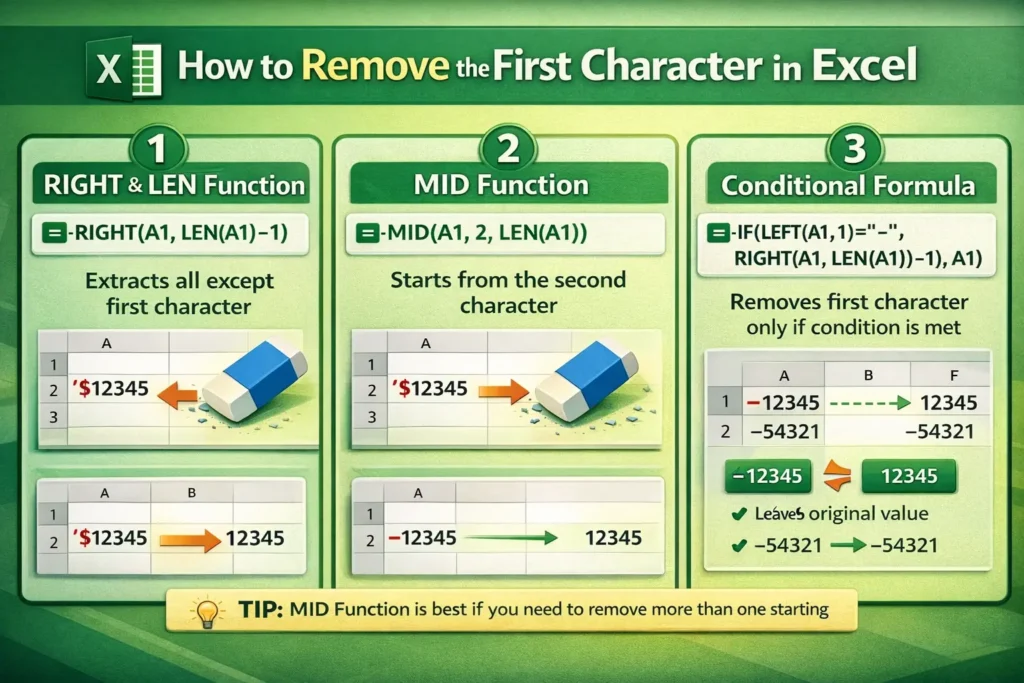 infographic showing how to remove the first character in a string for excel