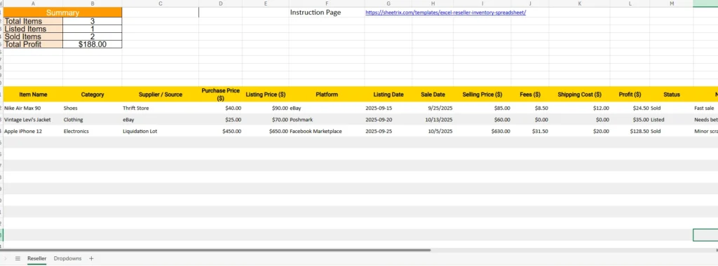 excel resller inventory spreadsheet