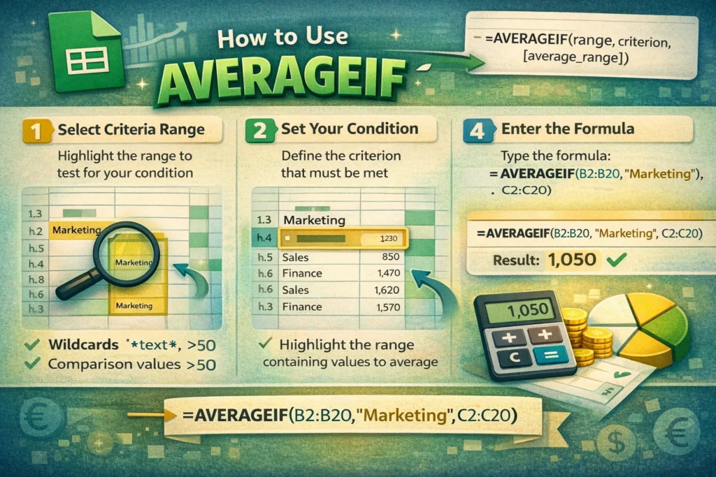 infographic showing how to use averageif function in google sheets