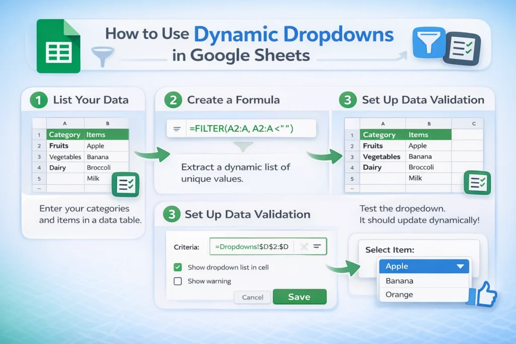 infographic showing how to use dynamic dropdowns in google sheets