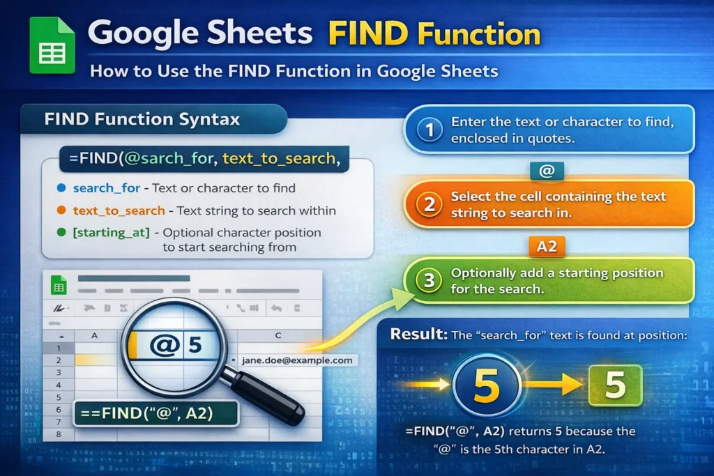 infographic showing how to use find in google sheets