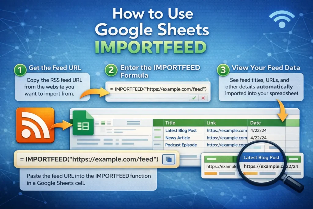 infographic showing how to use importfeed in google sheets
