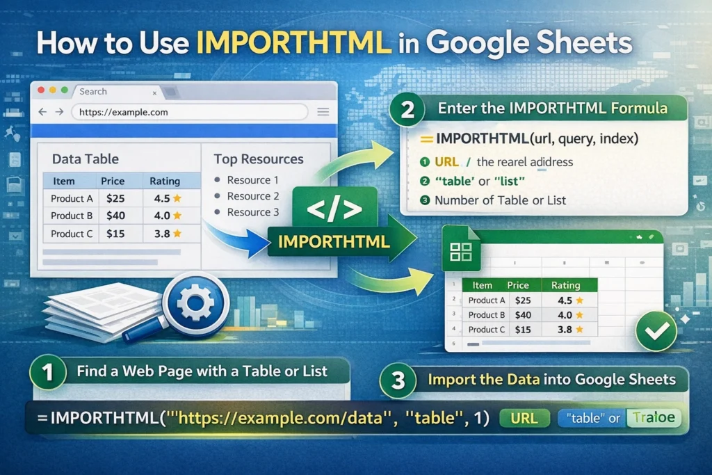 infographic showing how to use importhtml in google sheets