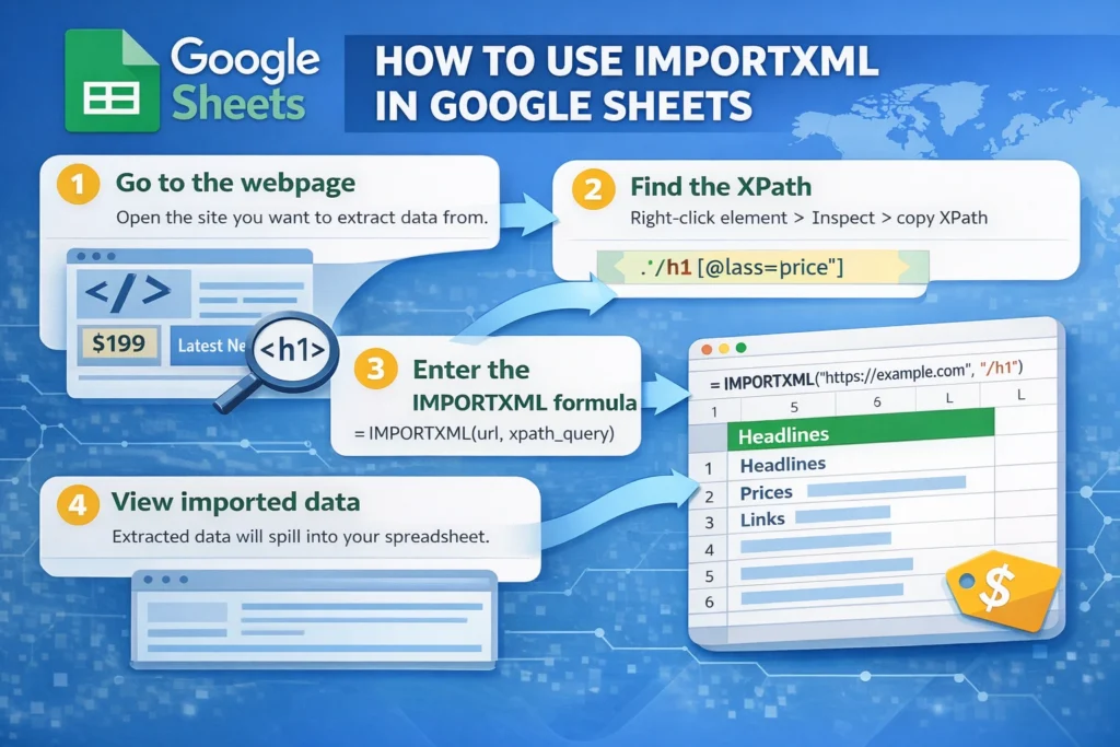 infographic showing how to use importxml in google sheets