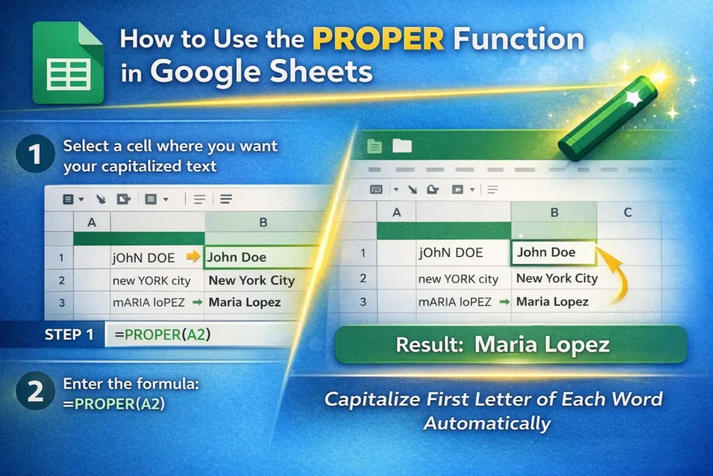 infographic showing how to use proper in google sheets