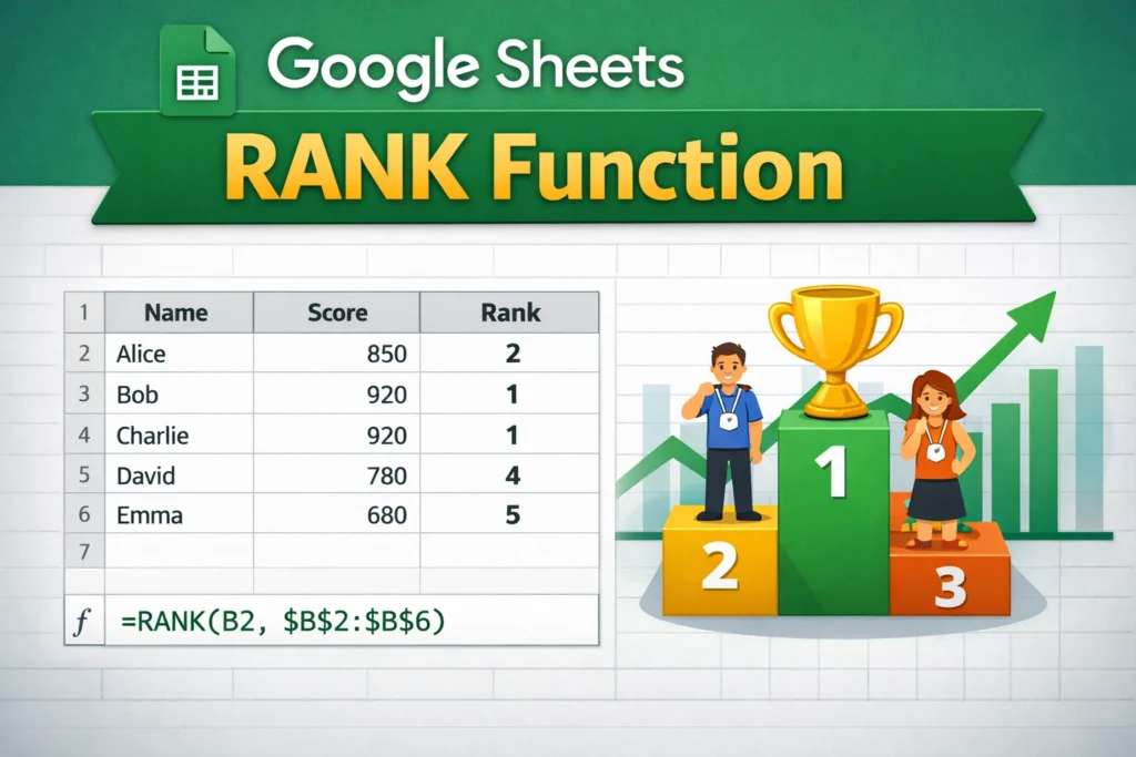 the rank function in google sheets