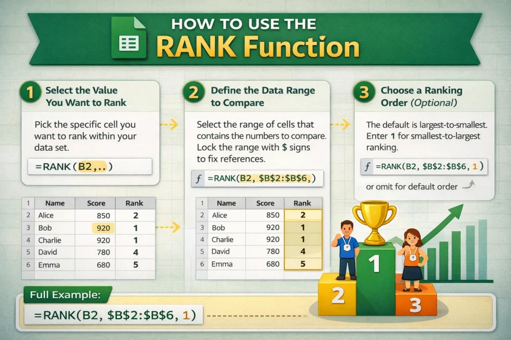 infographic showing how to use the rank function in google sheets