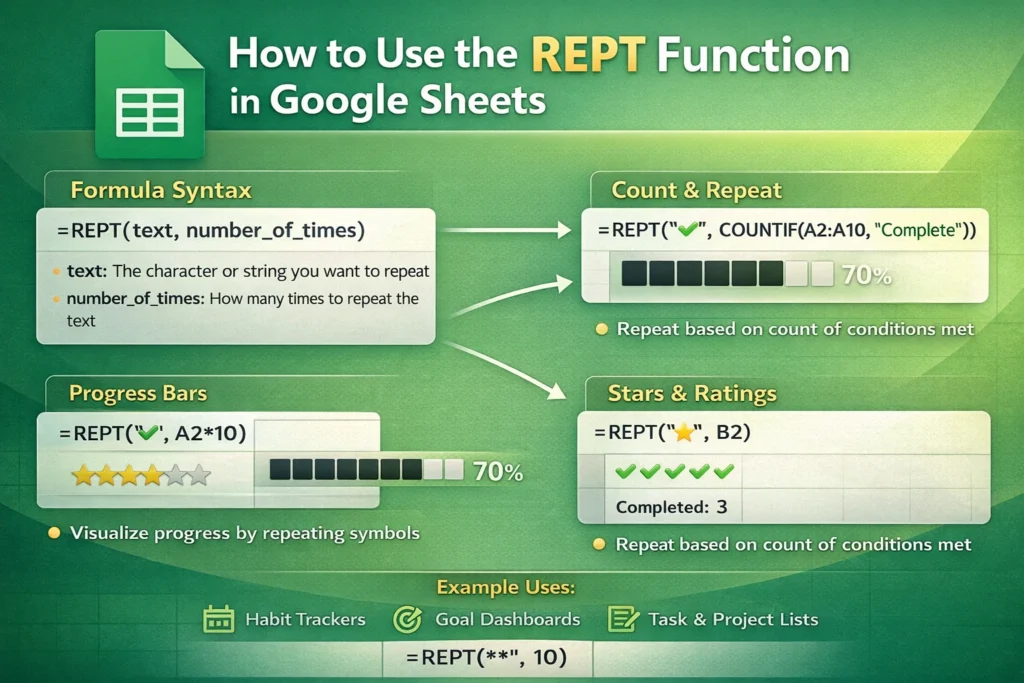 infographic showing how to use rept function in google sheets