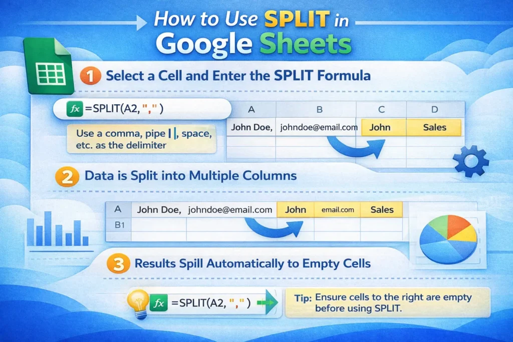 infographic showing how to use split function in google sheets