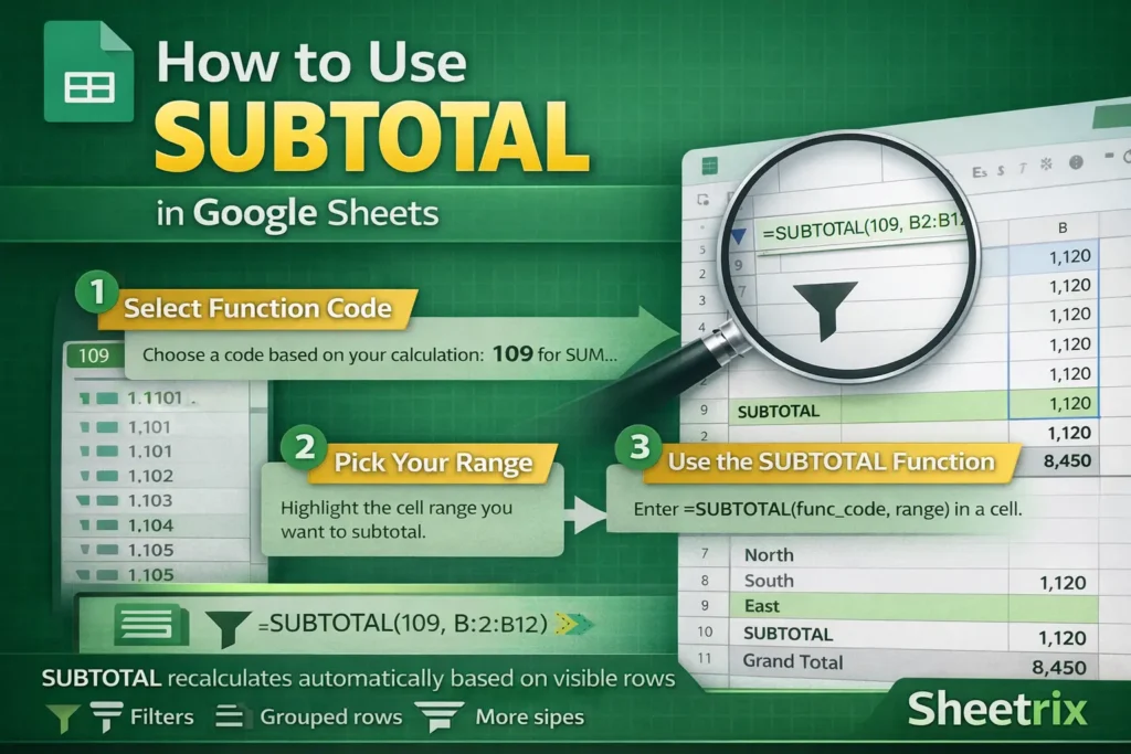 infographic showing how to use subtotal function in google sheets
