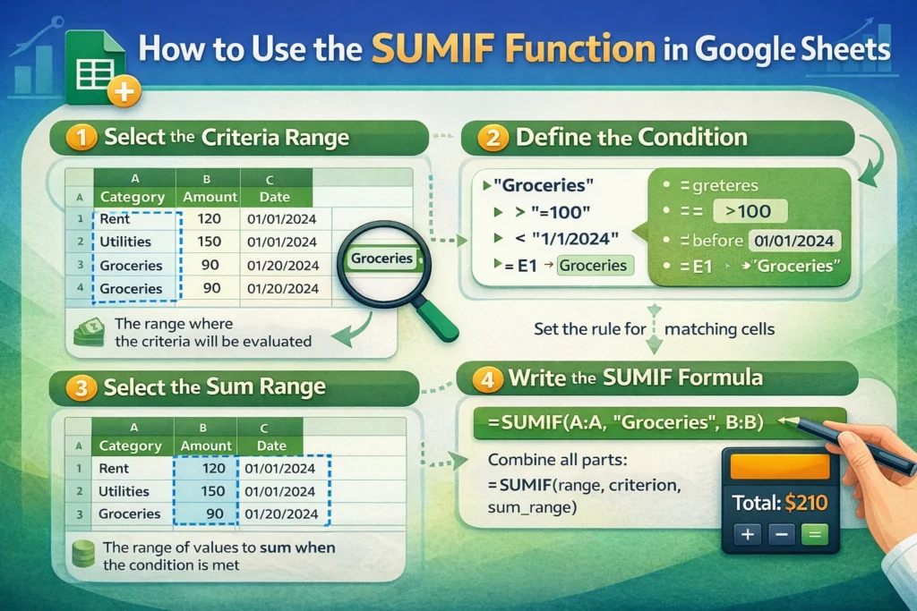 infographic how to use sumif function in google sheets