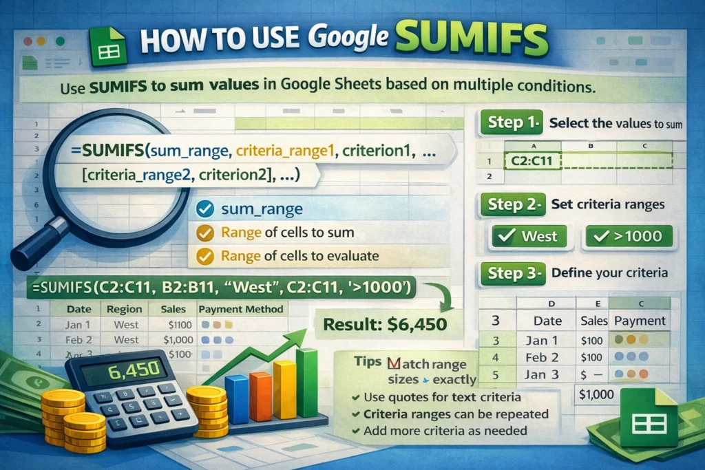 infographic for sumifs function in google sheets