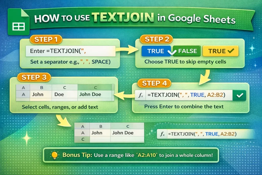 infographic showing how to use textjoin function in google sheets