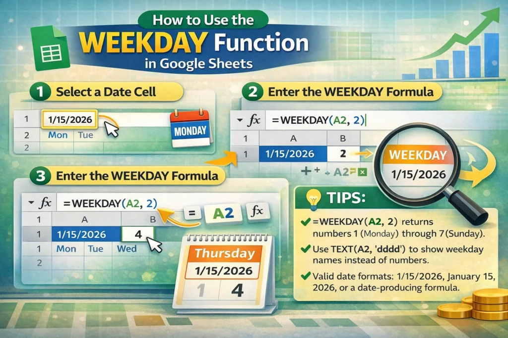 infographic showing how to use the weekday function in google sheets