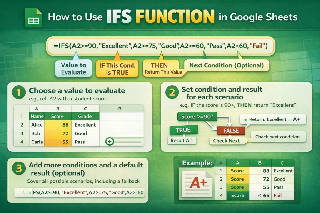 infographic showing how to use the ifs function in google sheets