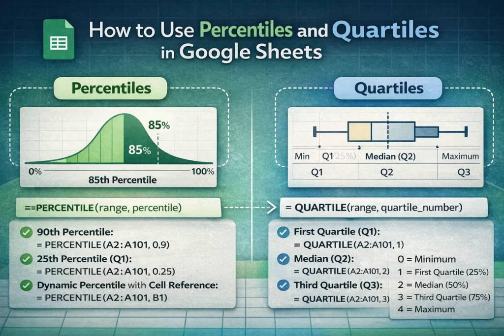 infographic showing differences between percentile vs quartile in google sheets
