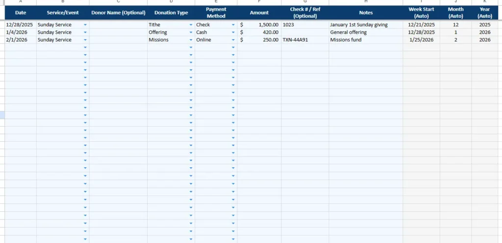church tithe and offerings log sheet
