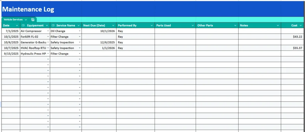 equipment maintenance log spreadsheet