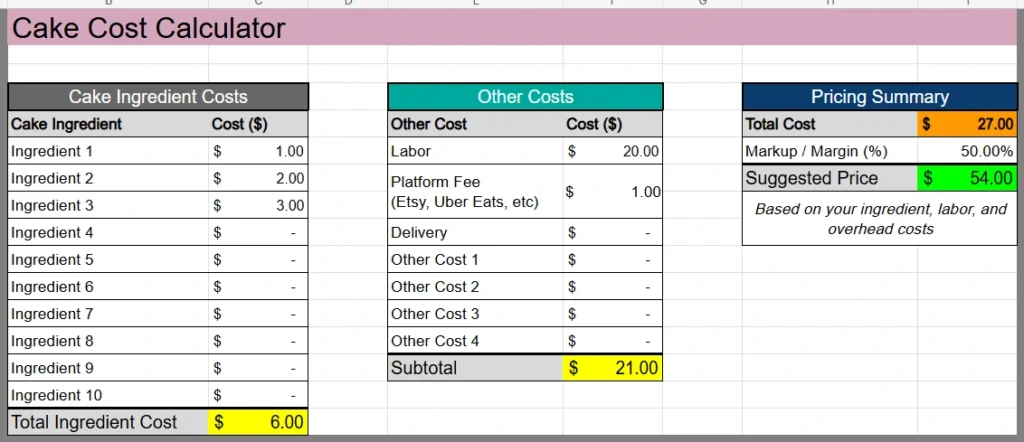 excel cake cost calculator spreadsheet