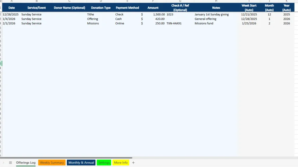 excel church tithe and offerings log sheet