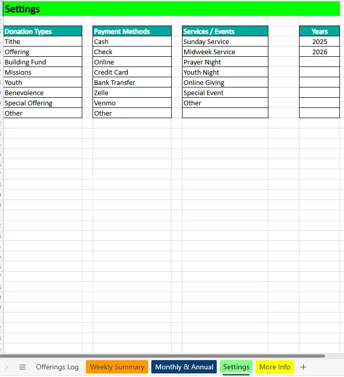 excel church tithe and offerings settings sheet