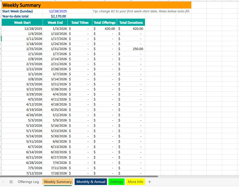 excel church tithe and offerings weekly summary sheet