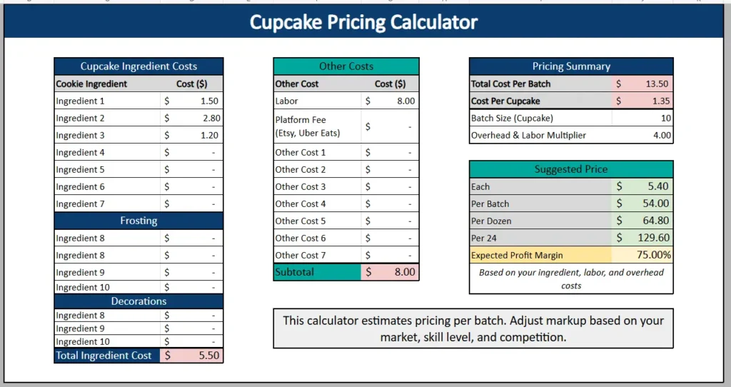 excel cupcake pricing calculator
