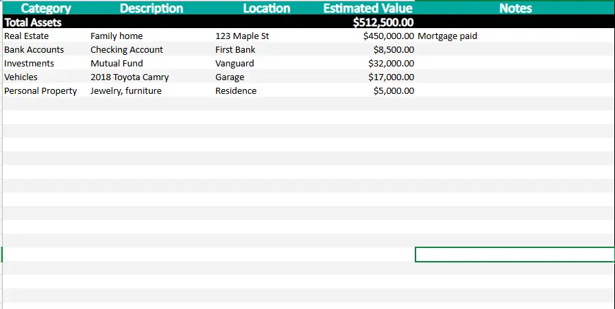 excel estate executor checklist categories