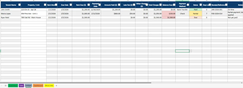 excel rental ledger
