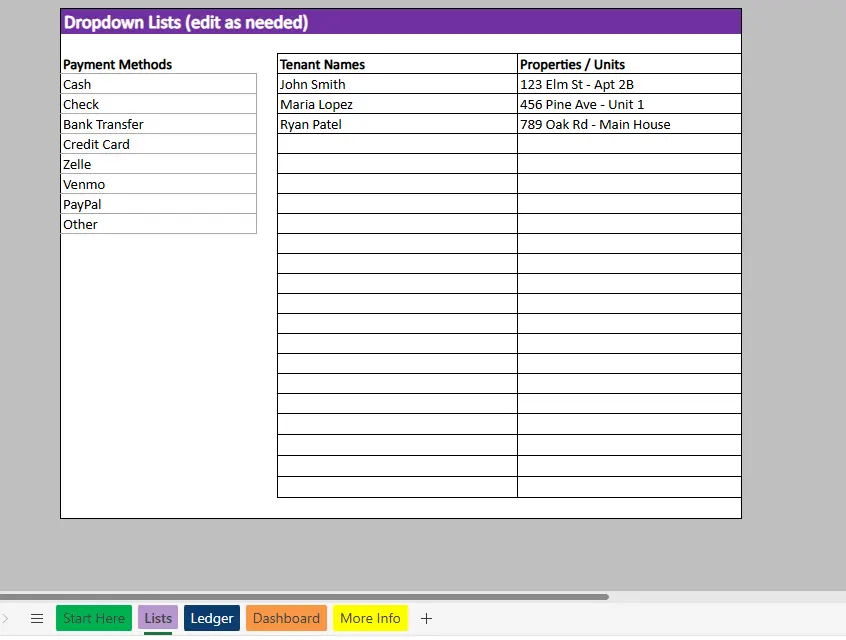 excel rental ledger lists