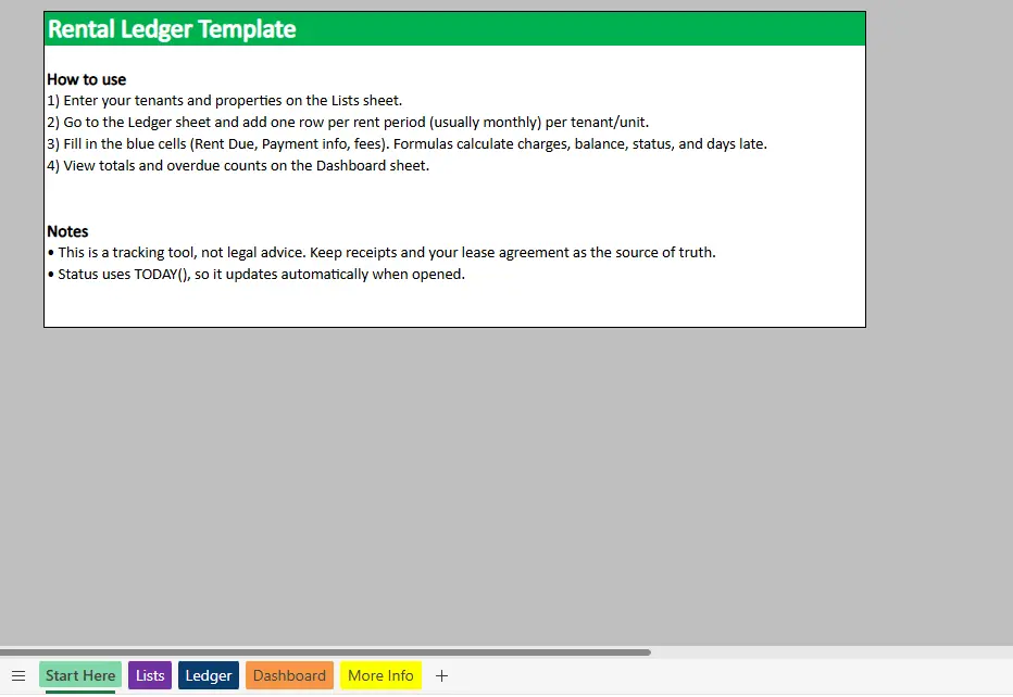 excel rental ledger start sheet