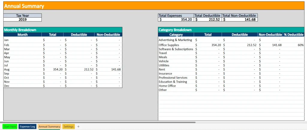 excel tax expenses spreadsheet annual summary