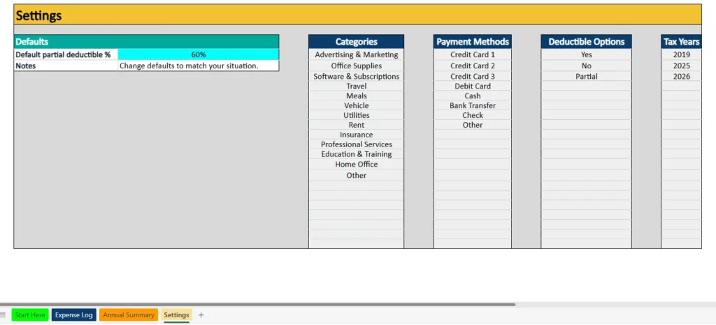 excel tax expenses spreadsheet settings