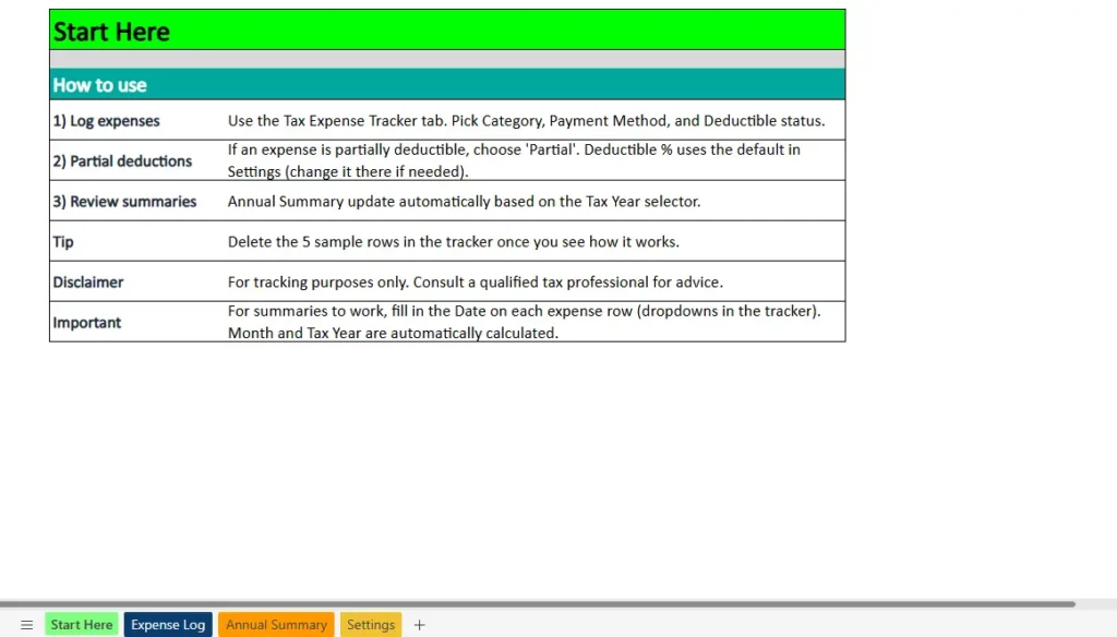 excel tax expenses spreadsheet start here