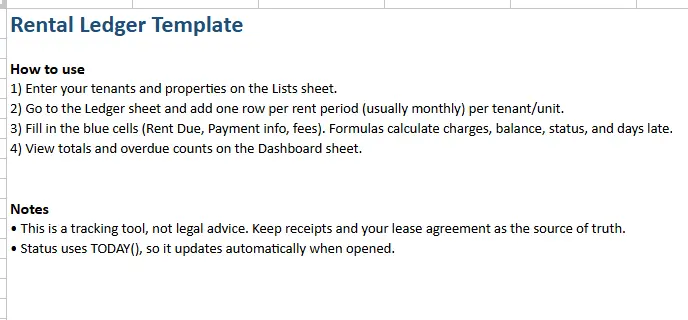 rental ledger template start here sheet