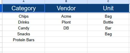 snack bar inventory dropdowns