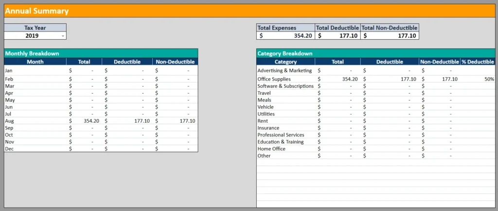tax expenses spreadsheet annual summary