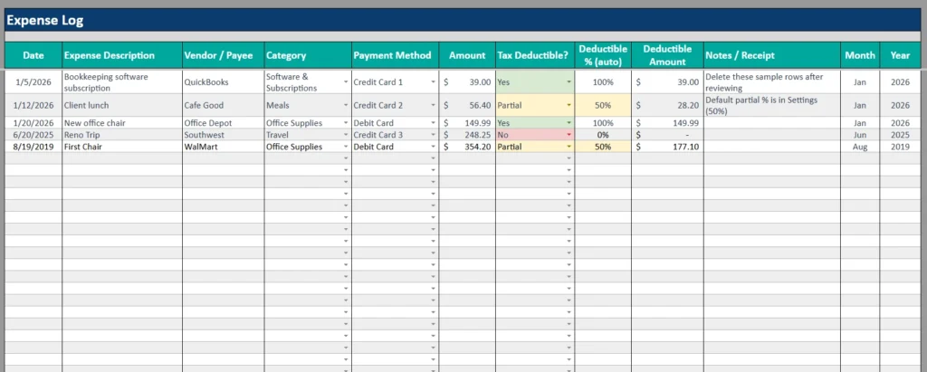 tax expenses spreadsheet expense log