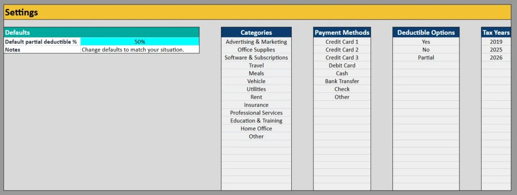 tax expenses spreadsheet settings