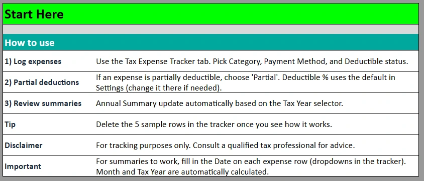 tax expenses spreadsheet start here