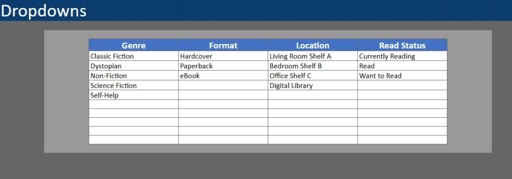 book collection dropdown list