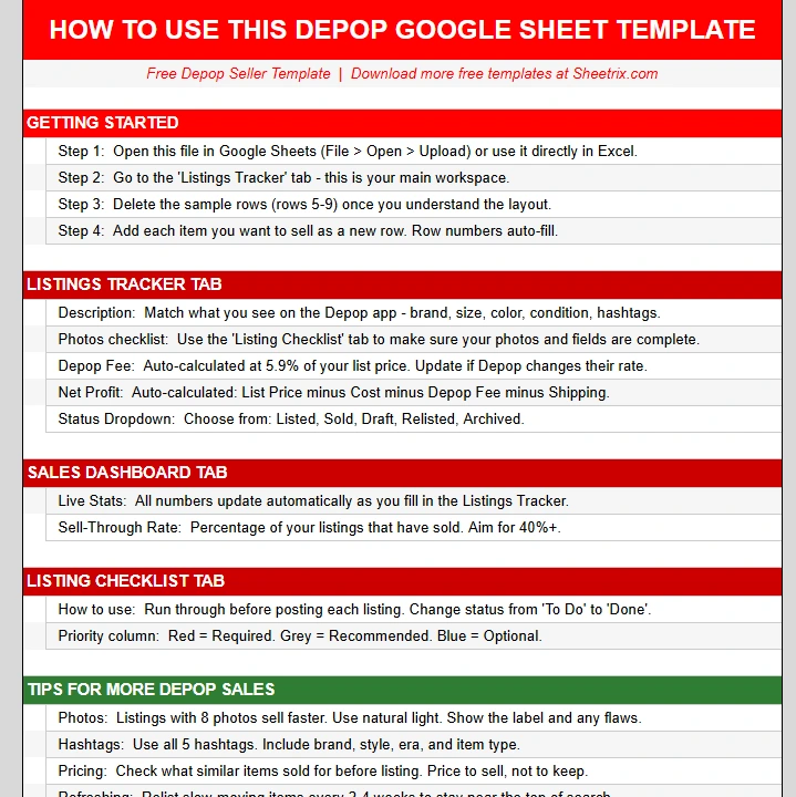 how to use depop seller inventory spreadsheet