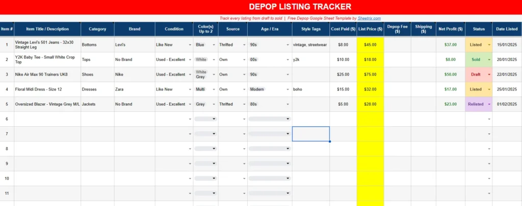 depop seller inventory spreadsheet