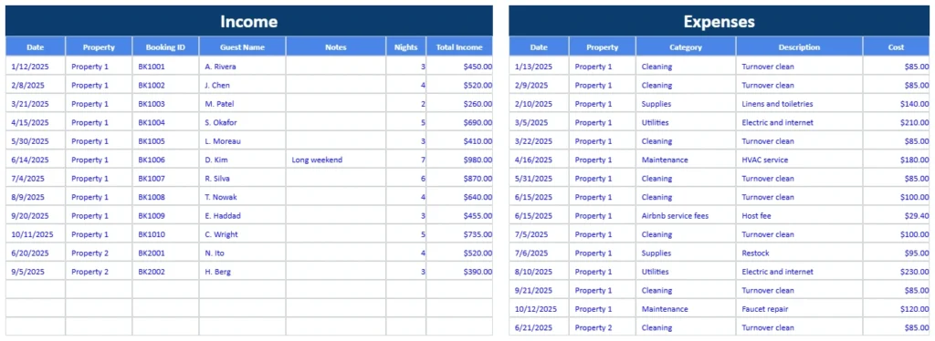 Income and Expenses tab of the Airbnb Excel spreadsheet with a bookings table and an expenses table
