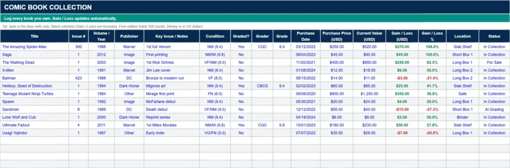 Comic book collection tracker spreadsheet collection tab with graded and raw comics