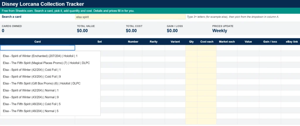 Disney Lorcana card search dropdown in Google Sheets showing matching printings